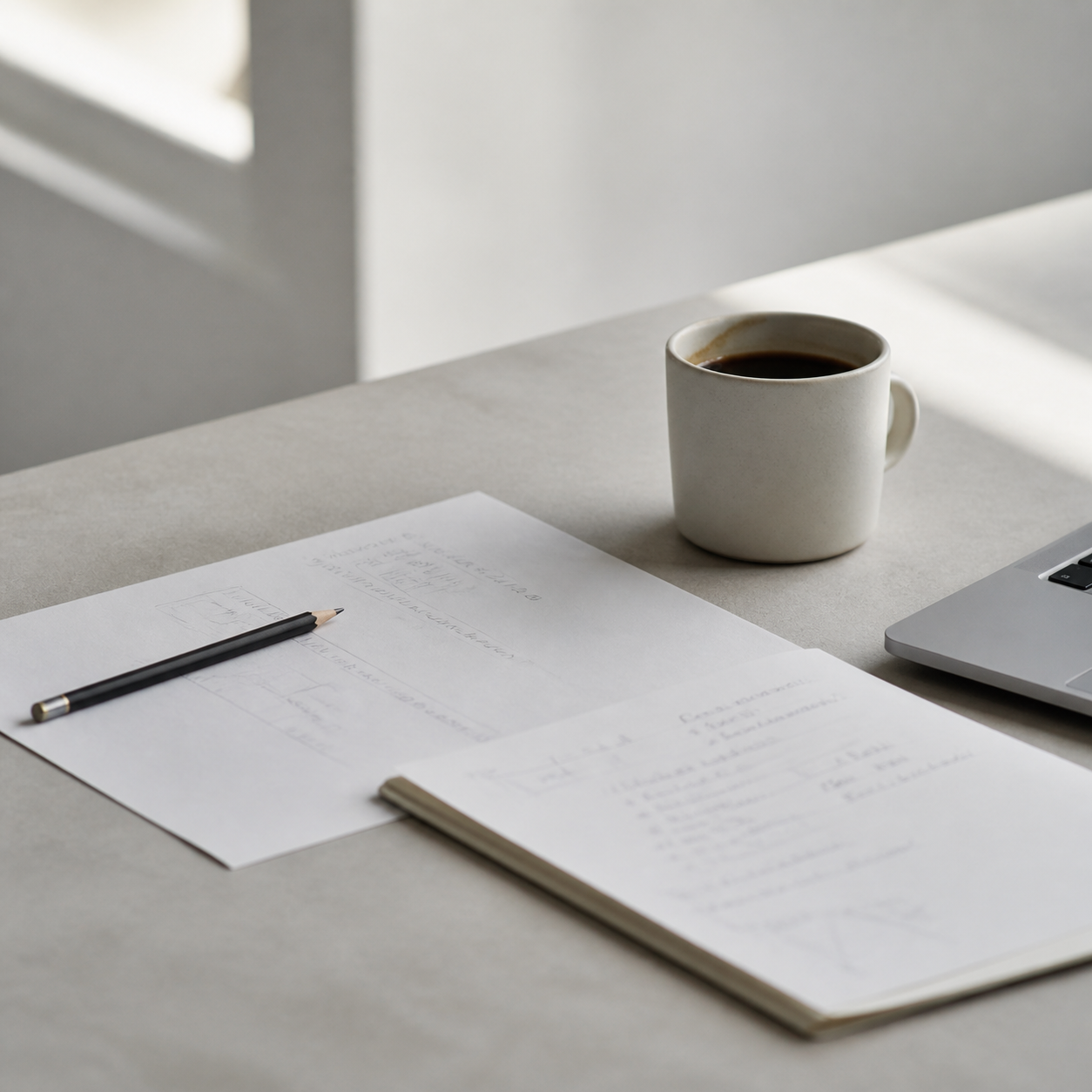 Morning studio workspace with coffee, paper notes, pencil, and laptop edge