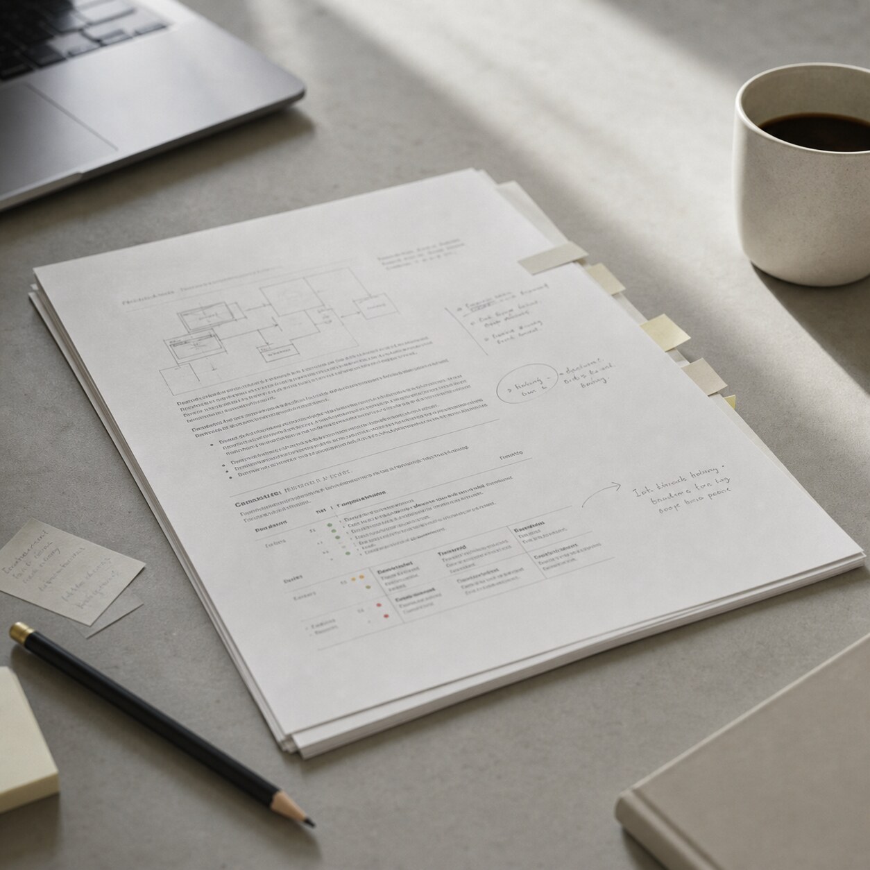 Printed technical review document with pencil margin notes