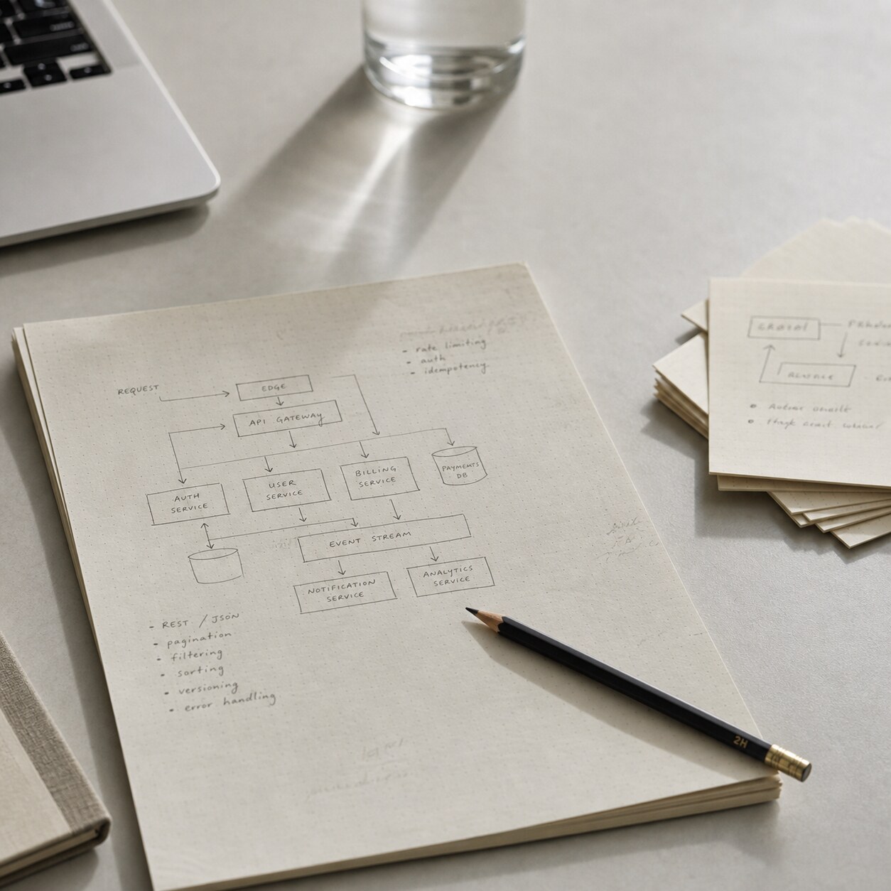 Printed backend architecture notes on a studio desk
