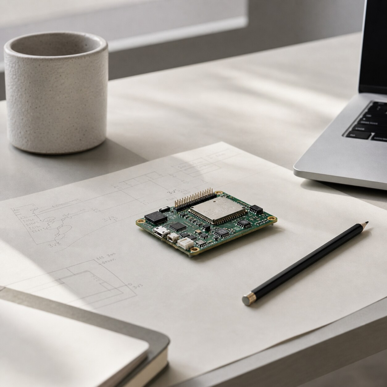 Small circuit board prototype on a studio desk