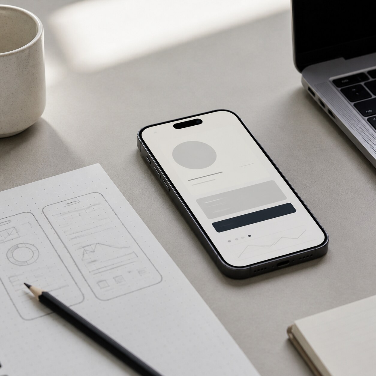 Unbranded phone and wireframe sketch on a studio desk